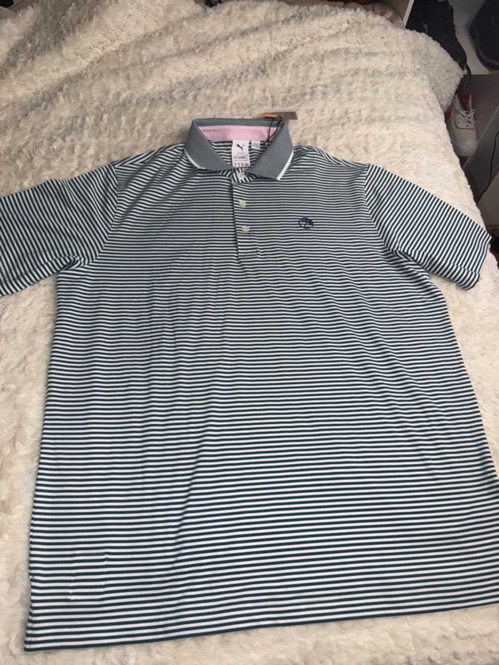 Puma Men's Navy and White Striped Polo